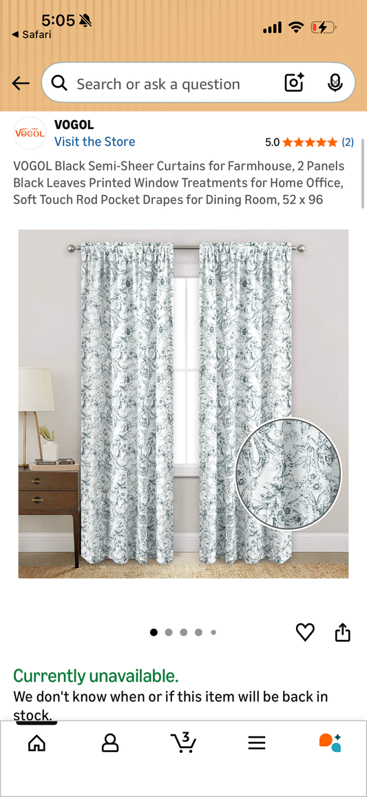 VOGOL Black Semi-Sheer Curtains for Farmhouse, 2 Panels Black Leaves Printed Window Treatments for Home Office, Soft Touch Rod Pocket Drapes for Dining Room, 52 x 96