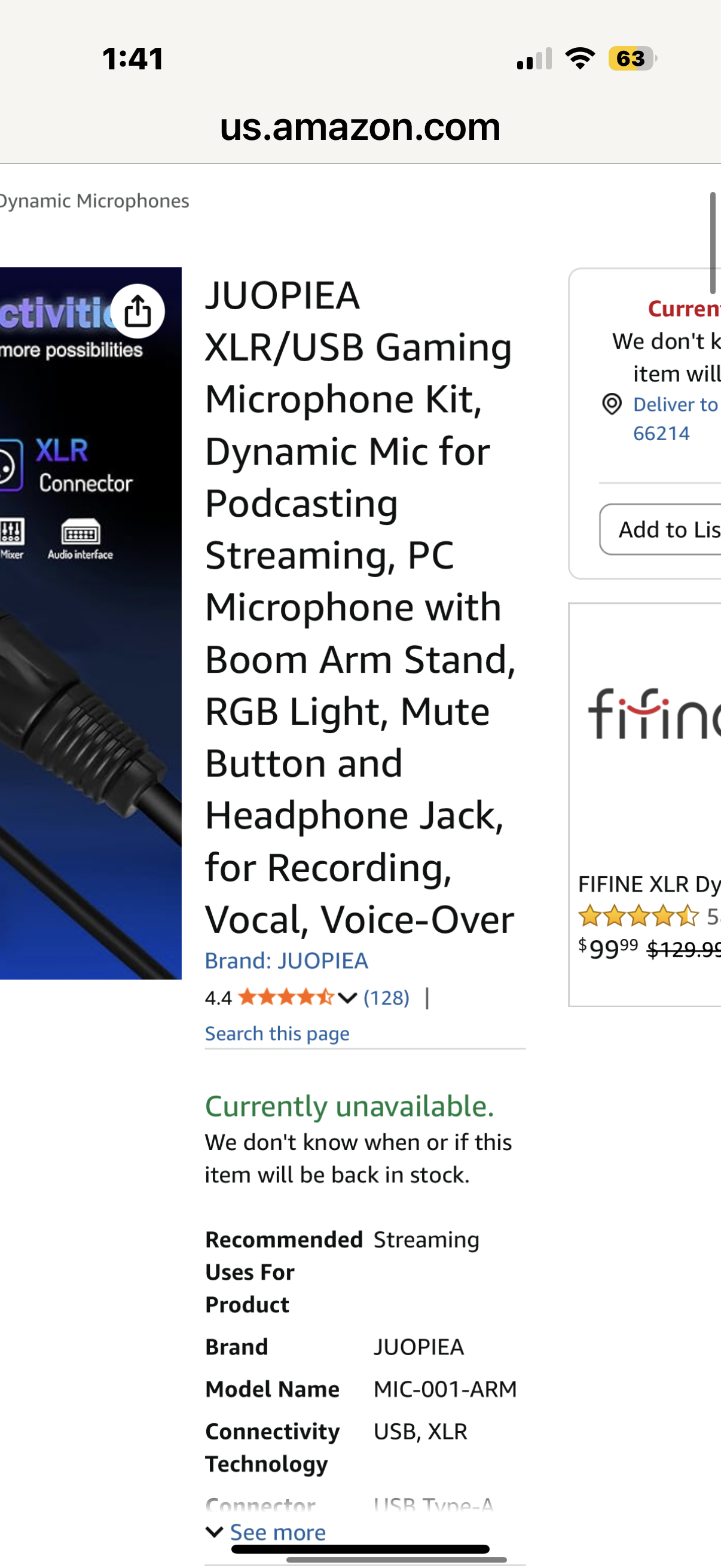 JUOPIEA XLR/USB Gaming Microphone Kit, Dynamic Mic for Podcasting Streaming, PC Microphone with Boom Arm Stand, RGB Light, Mute Button and Headphone Jack, for Recording, Vocal, Voice-Over