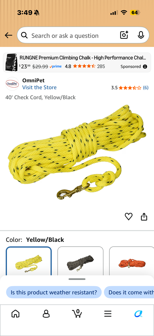 40' Check Cord, Yellow/Black