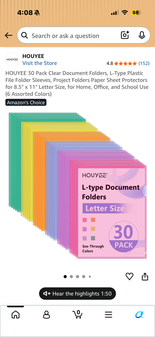 HOUYEE 30 Pack Clear Document Folders, L-Type Plastic File Folder Sleeves, Project Folders Paper Sheet Protectors for 8.5" x 11" Letter Size, for Home, Office, and School Use (6 Assorted Colors