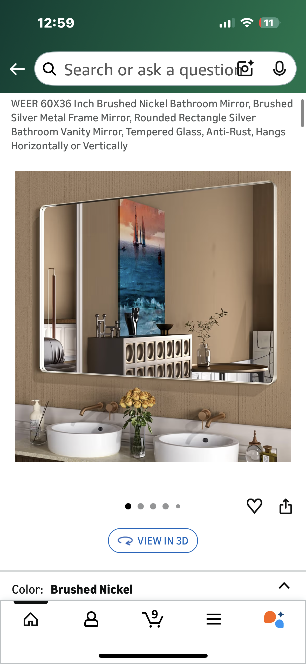 60X36 Inch Brushed Nickel Bathroom Mirror, Silver Metal Frame Mirror, Rounded Rectangle Silver Bathroom Vanity Mirror, Tempered Glass, Anti-Rust, Hangs Horizontally or Vertically (M441)