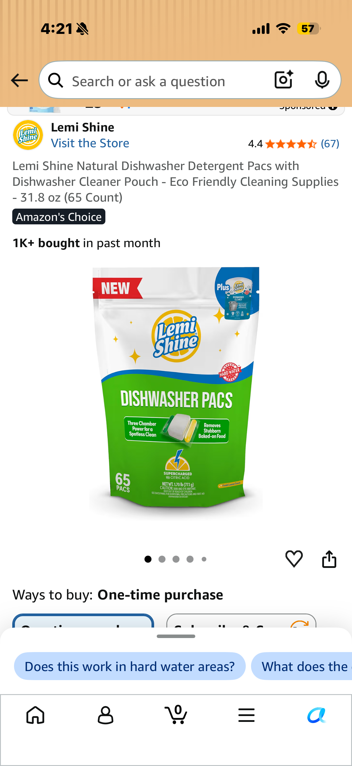 Lemi Shine Natural Dishwasher Detergent Pacs with Dishwasher Cleaner Pouch - Eco Friendly Cleaning Supplies - 31.8 oz (65 Count