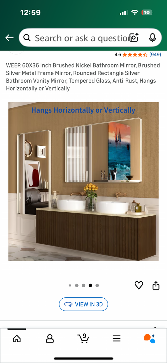 60X36 Inch Brushed Nickel Bathroom Mirror, Silver Metal Frame Mirror, Rounded Rectangle Silver Bathroom Vanity Mirror, Tempered Glass, Anti-Rust, Hangs Horizontally or Vertically (M441)