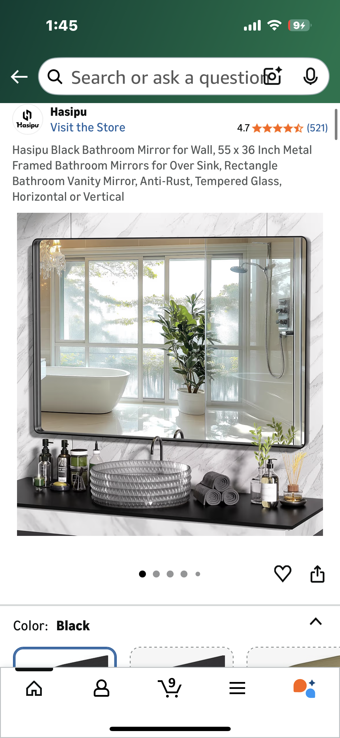 Hasipu Black Bathroom Mirror, 55 x 36 Inch Deep Metal Framed Mirror, Rectangular Home Decor, Anti-Rust, Tempered Glass, Horizontal or Vertical (M443)