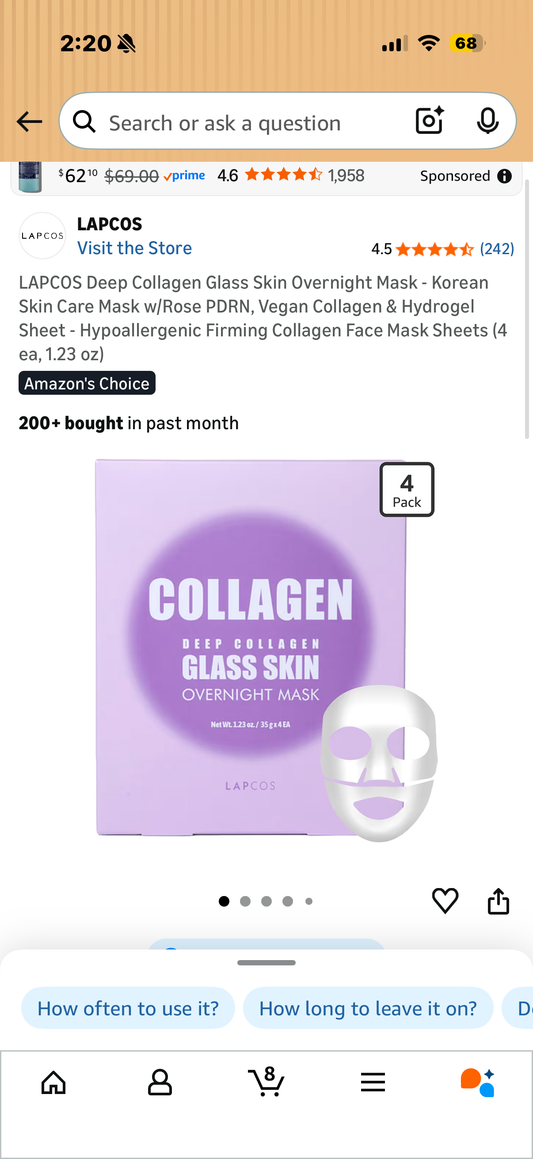 LAPCOS Deep Collagen Glass Skin Overnight Mask - Korean Skin Care Mask w/Rose PDRN, Vegan Collagen & Hydrogel Sheet - Hypoallergenic Firming Collagen Face Mask Sheets (4 ea, 1.23 oz)