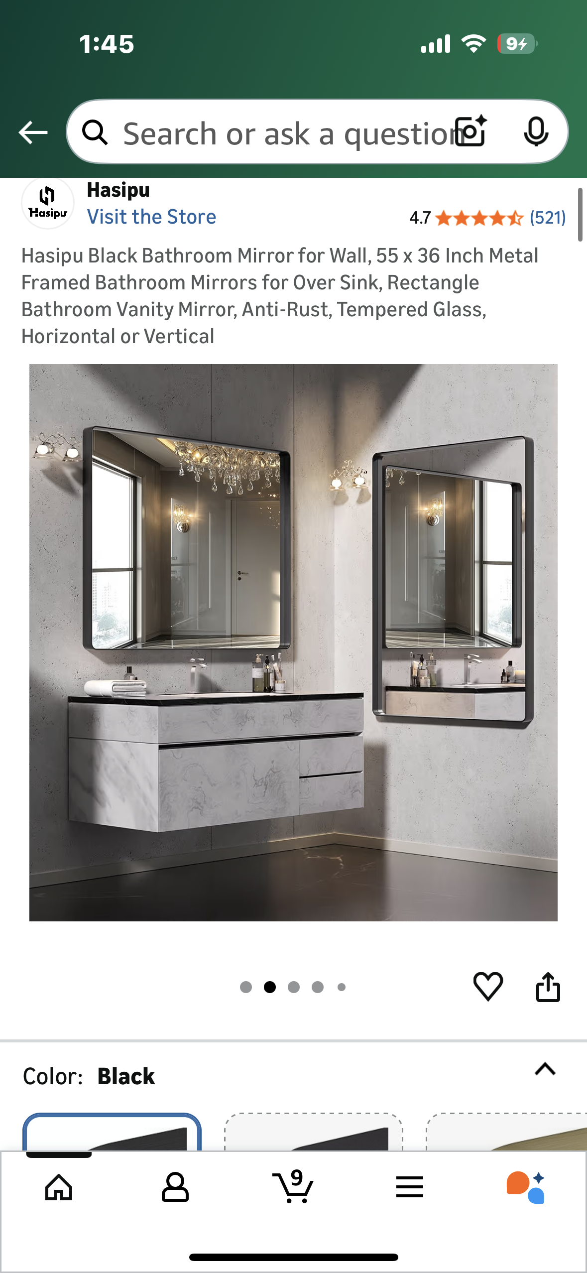 Hasipu Black Bathroom Mirror, 55 x 36 Inch Deep Metal Framed Mirror, Rectangular Home Decor, Anti-Rust, Tempered Glass, Horizontal or Vertical (M443)