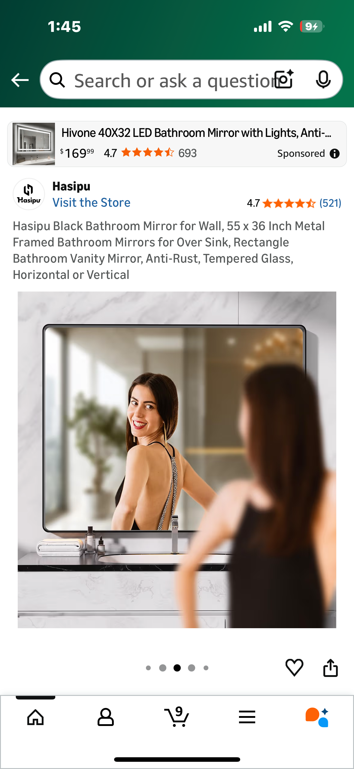 Hasipu Black Bathroom Mirror, 55 x 36 Inch Deep Metal Framed Mirror, Rectangular Home Decor, Anti-Rust, Tempered Glass, Horizontal or Vertical (M443)