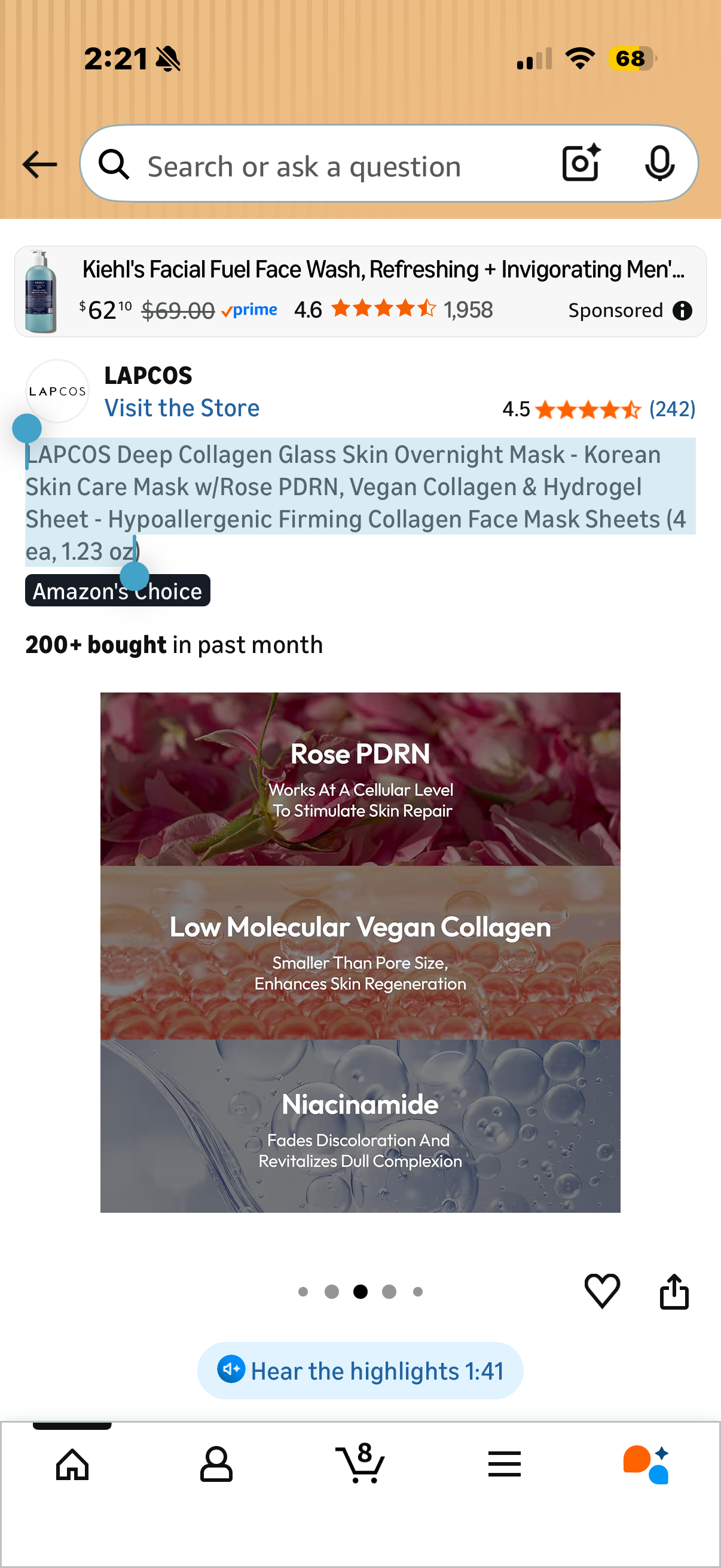 LAPCOS Deep Collagen Glass Skin Overnight Mask - Korean Skin Care Mask w/Rose PDRN, Vegan Collagen & Hydrogel Sheet - Hypoallergenic Firming Collagen Face Mask Sheets (4 ea, 1.23 oz)