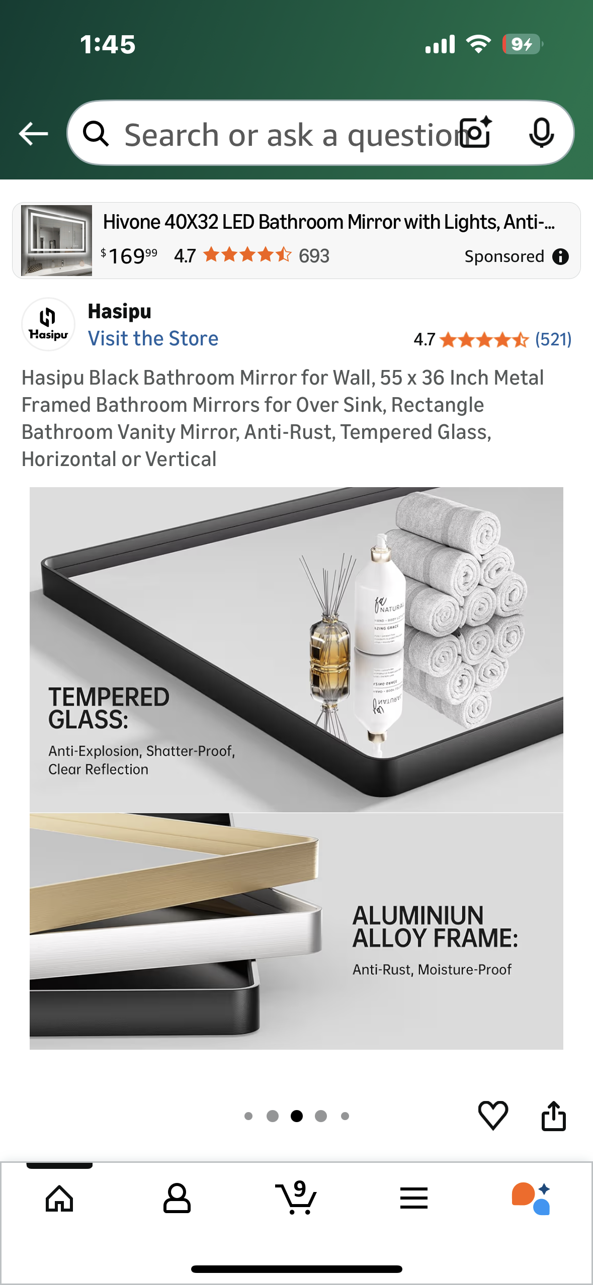 Hasipu Black Bathroom Mirror, 55 x 36 Inch Deep Metal Framed Mirror, Rectangular Home Decor, Anti-Rust, Tempered Glass, Horizontal or Vertical (M443)