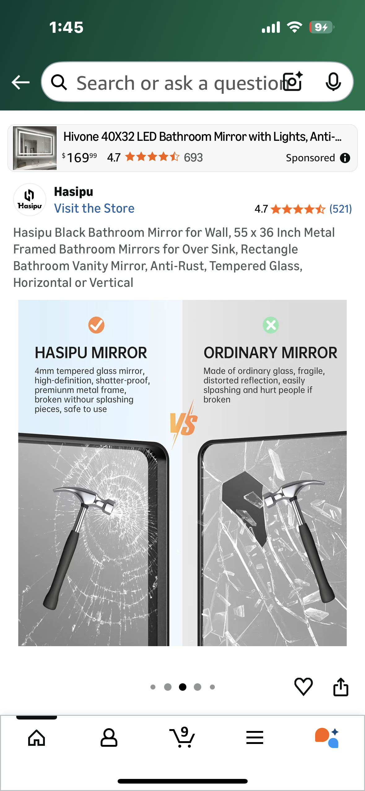 Hasipu Black Bathroom Mirror, 55 x 36 Inch Deep Metal Framed Mirror, Rectangular Home Decor, Anti-Rust, Tempered Glass, Horizontal or Vertical (M443)