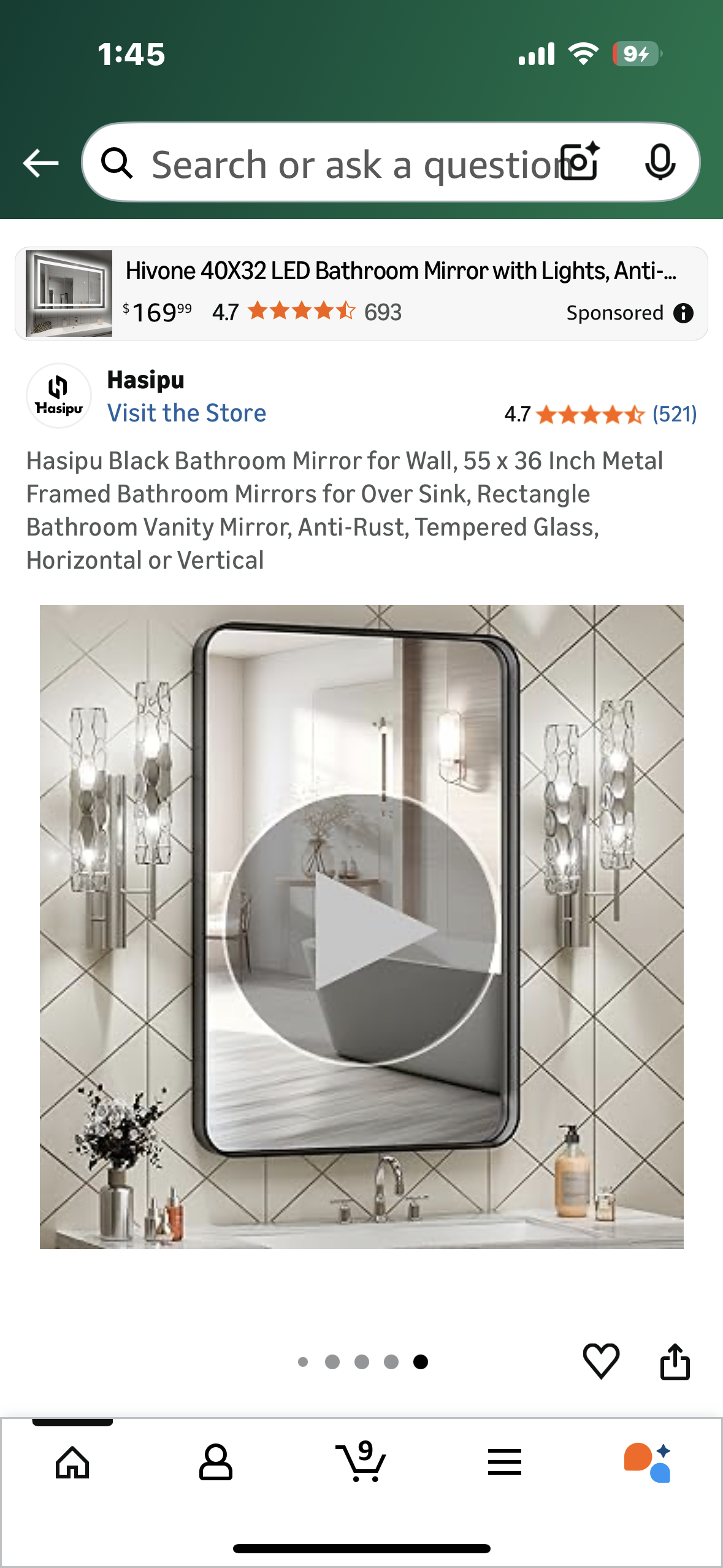 Hasipu Black Bathroom Mirror, 55 x 36 Inch Deep Metal Framed Mirror, Rectangular Home Decor, Anti-Rust, Tempered Glass, Horizontal or Vertical (M443)