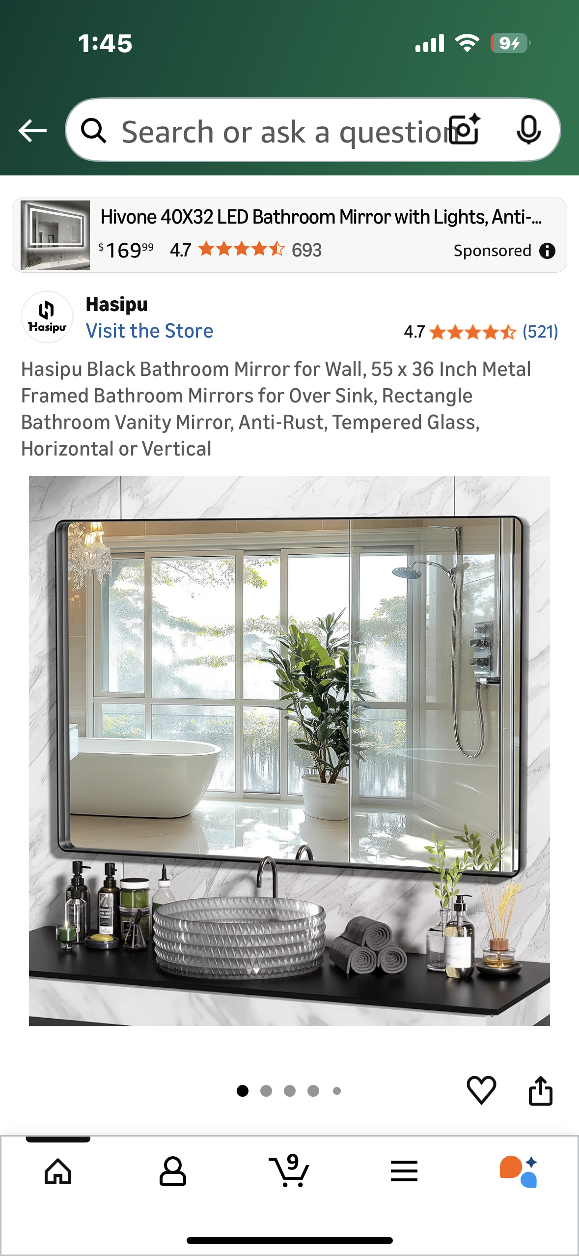 Hasipu Black Bathroom Mirror, 55 x 36 Inch Deep Metal Framed Mirror, Rectangular Home Decor, Anti-Rust, Tempered Glass, Horizontal or Vertical (M443)