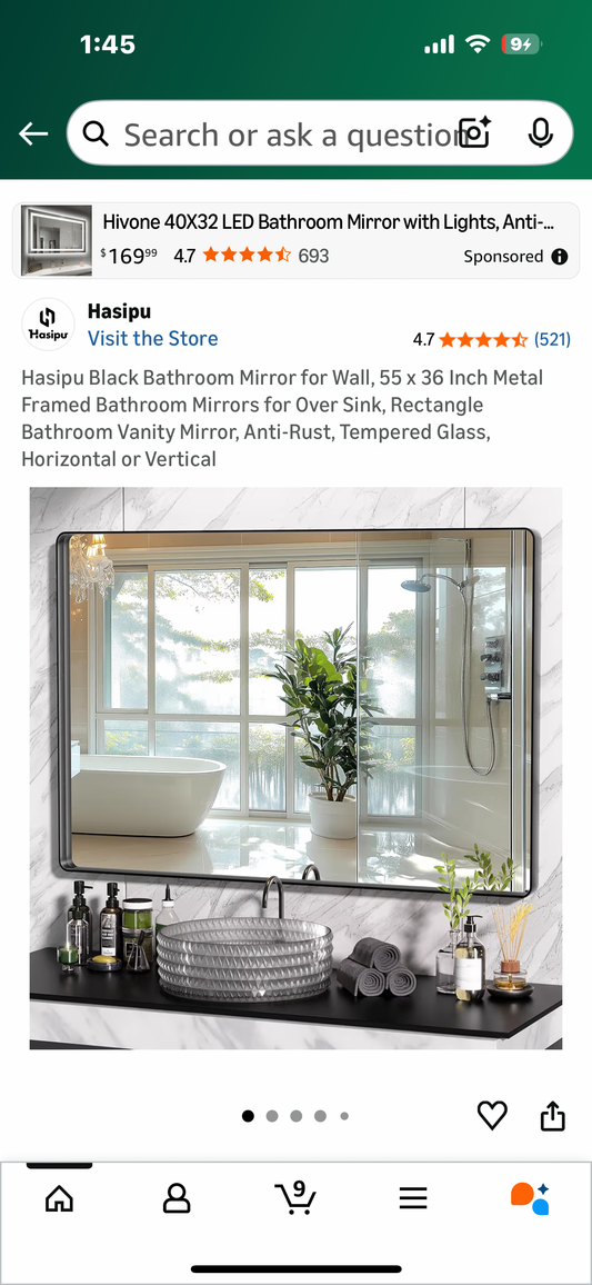 Hasipu Black Bathroom Mirror, 55 x 36 Inch Deep Metal Framed Mirror, Rectangular Home Decor, Anti-Rust, Tempered Glass, Horizontal or Vertical (M443)