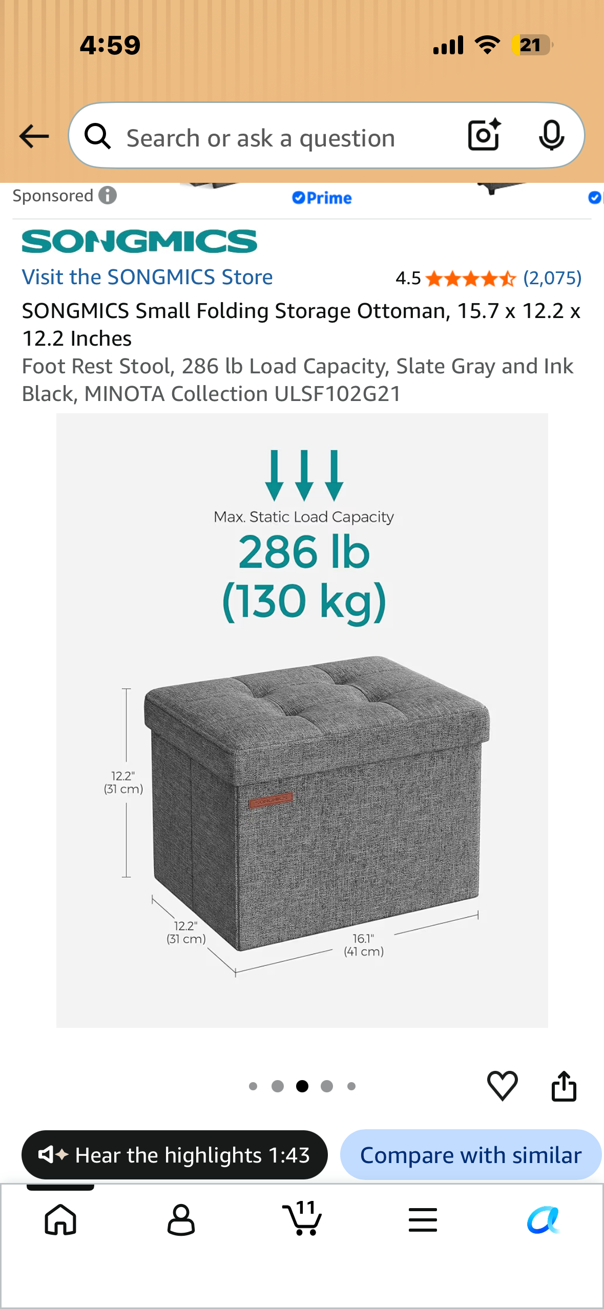 SONGMICS Small Folding Storage Ottoman, 15.7 x 12.2 x 12.2 Inches Foot Rest Stool, 286 lb Load Capacity, Slate Gray and Ink Black, MINOTA Collection