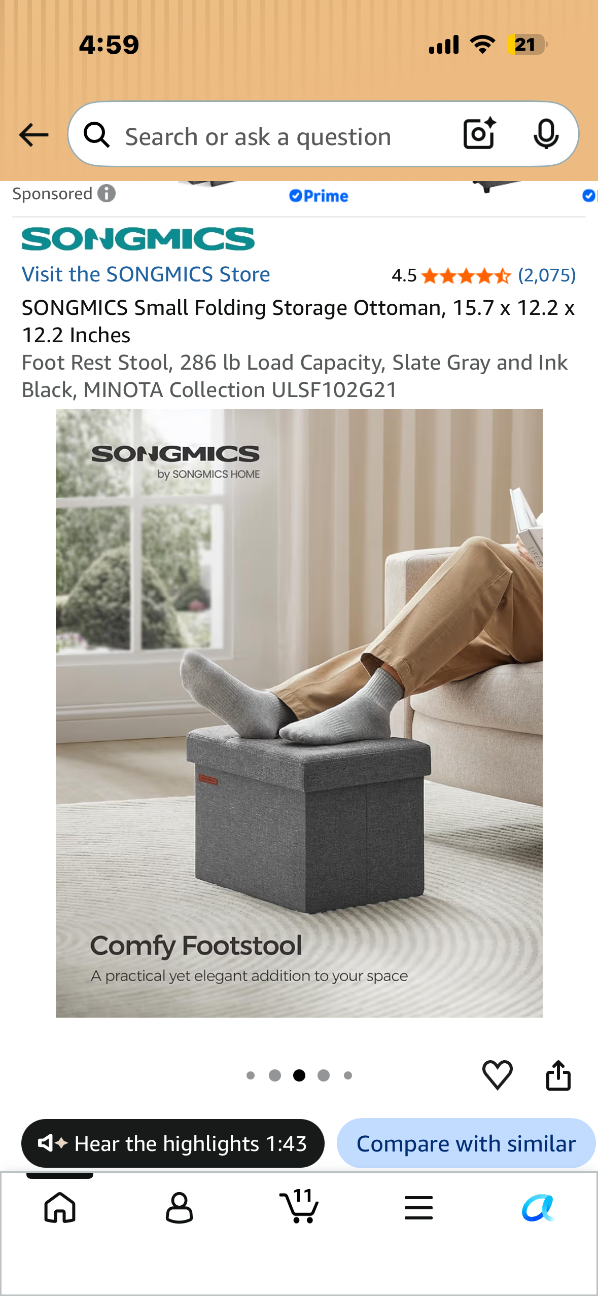 SONGMICS Small Folding Storage Ottoman, 15.7 x 12.2 x 12.2 Inches Foot Rest Stool, 286 lb Load Capacity, Slate Gray and Ink Black, MINOTA Collection