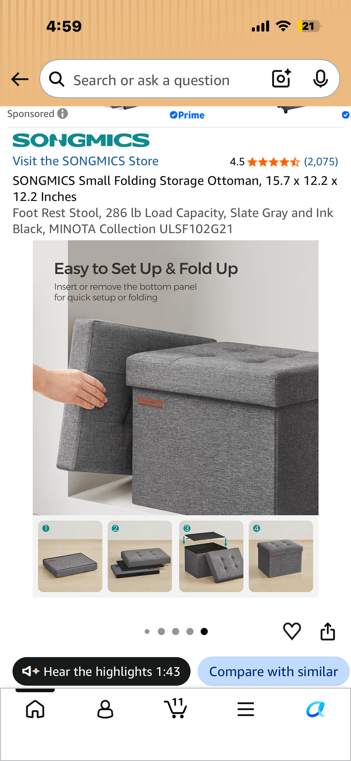 SONGMICS Small Folding Storage Ottoman, 15.7 x 12.2 x 12.2 Inches Foot Rest Stool, 286 lb Load Capacity, Slate Gray and Ink Black, MINOTA Collection