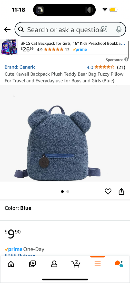 Cute Kawaii Backpack Plush Teddy Bear Bag Fuzzy Pillow For Travel and Everyday use (Blue)