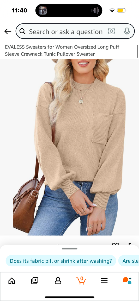 EVALESS Sweaters for Women Oversized Long Puff Sleeve Crewneck Tunic Pullover Sweater Size Large