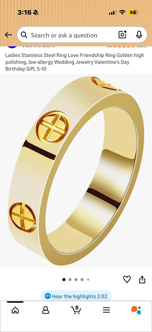 Stainless Steel Ring Love Friendship Ring Golden high polishing, low allergy Wedding Jewelry Valentine's Day Birthday Gift(Size 10)