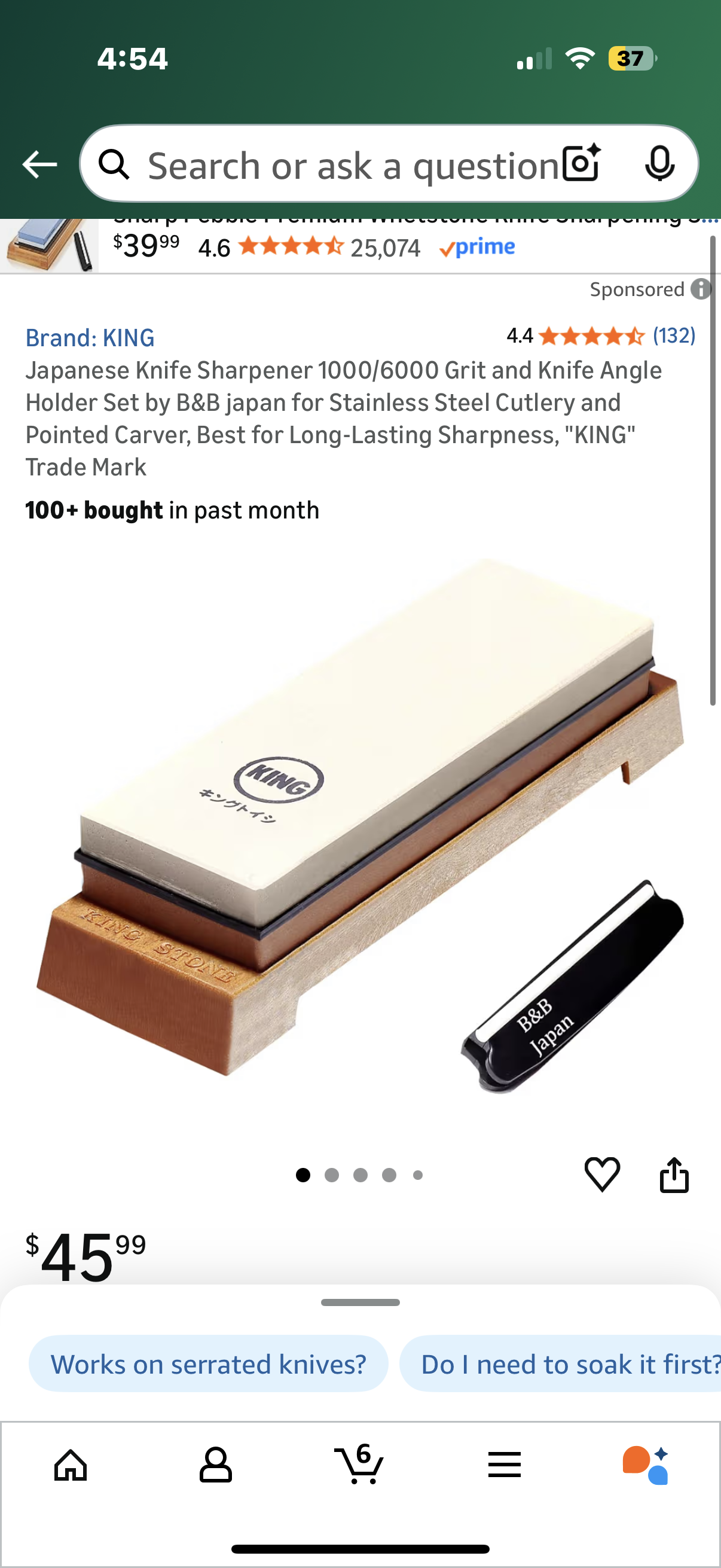 Japanese Knife Sharpener 1000/6000 Grit and Knife Angle Holder Set by B&B japan for Stainless Steel Cutlery and Pointed Carver, Best for Long-Lasting Sharpness, "KING" Trade Mark