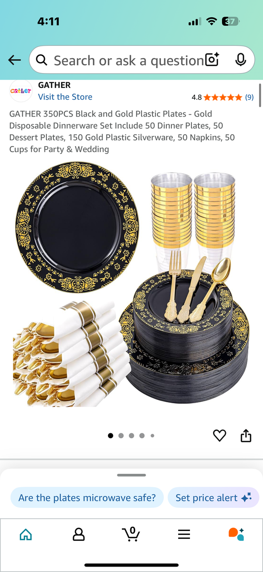 GATHER 350PCS Black and Gold Plastic Plates - Gold Disposable Dinnerware Set Include 50 Dinner Plates, 50 Dessert Plates, 150 Gold Plastic Silverware, 50 Napkins, 50 Cups for Party & Wedding