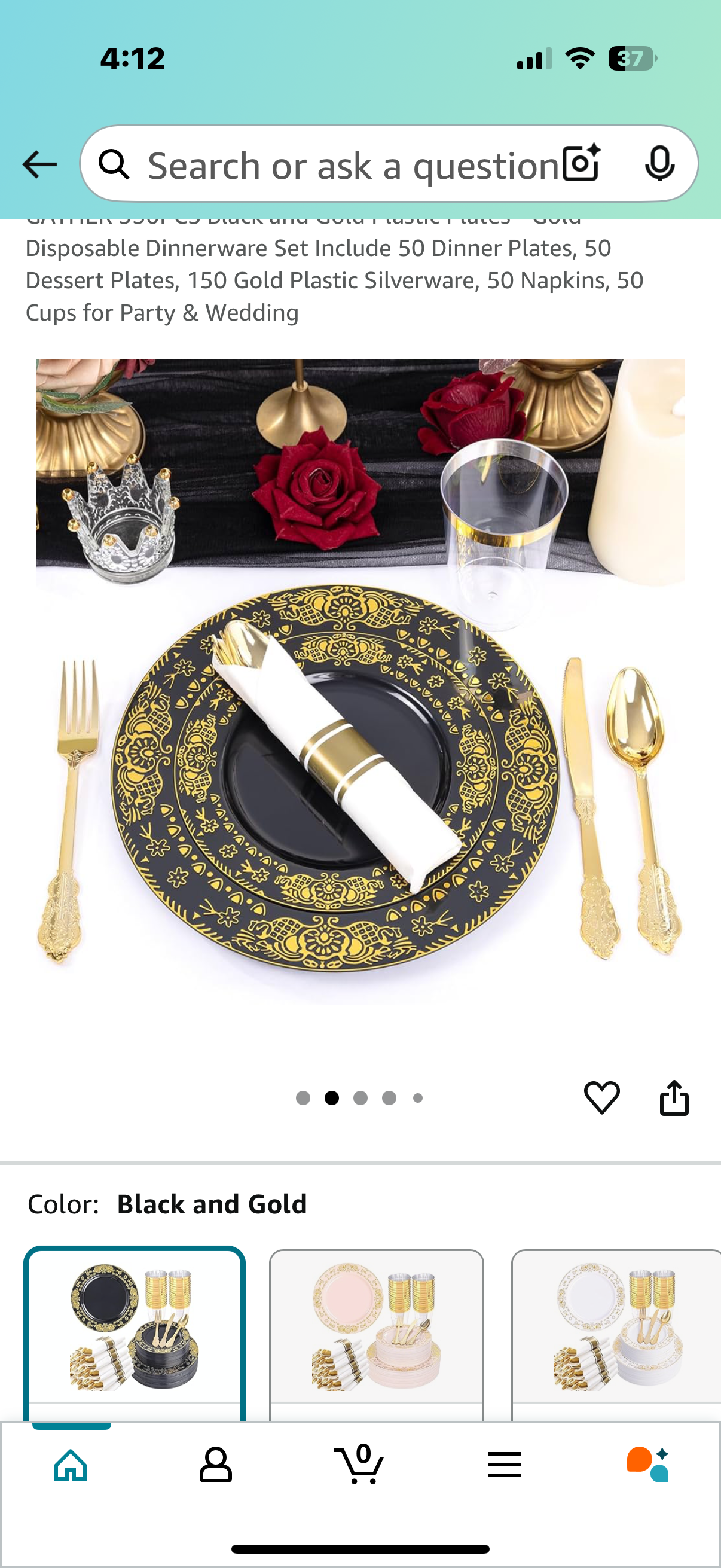 GATHER 350PCS Black and Gold Plastic Plates - Gold Disposable Dinnerware Set Include 50 Dinner Plates, 50 Dessert Plates, 150 Gold Plastic Silverware, 50 Napkins, 50 Cups for Party & Wedding