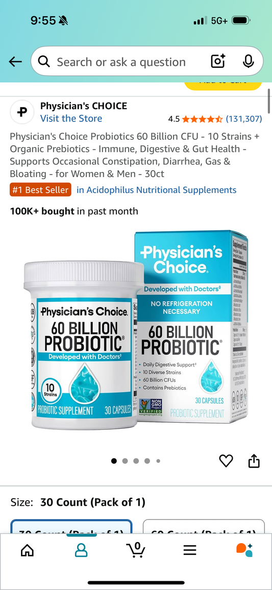 Physician's Choice Probiotics 60 Billion CFU - 10 Strains + Organic Prebiotics - Immune, Digestive & Gut Health - Supports Occasional Constipation, Diarrhea, Gas & Bloating - for Women & Men - 30ct