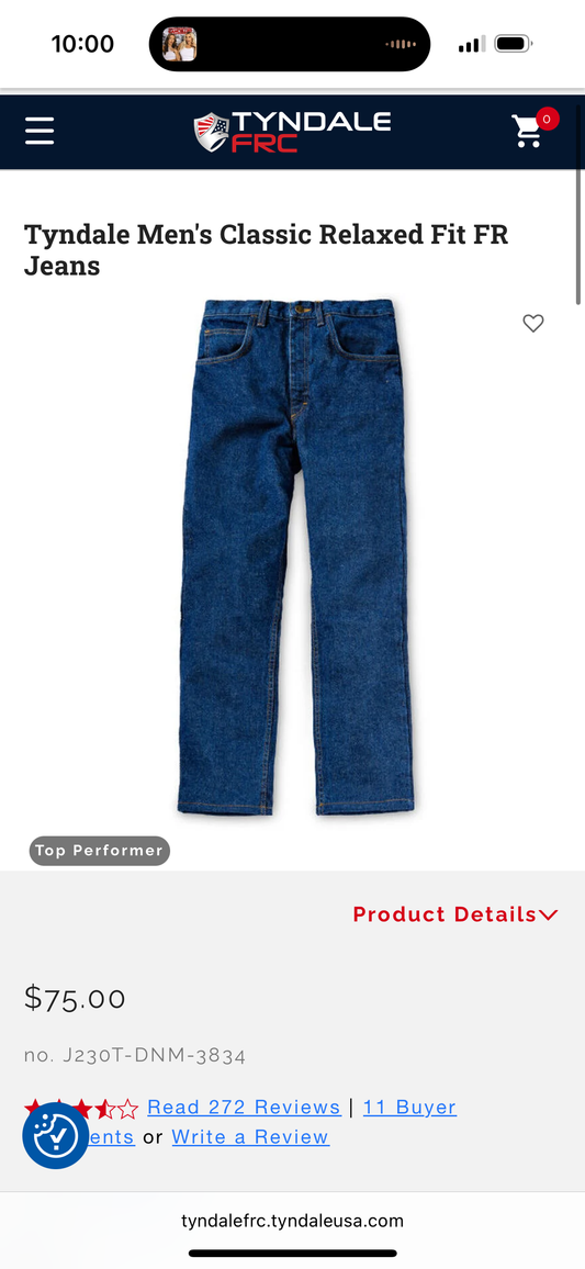 Tyndale Men's Classic Relaxed Fit Fire Resistant Work Jeans (Size 38x34)