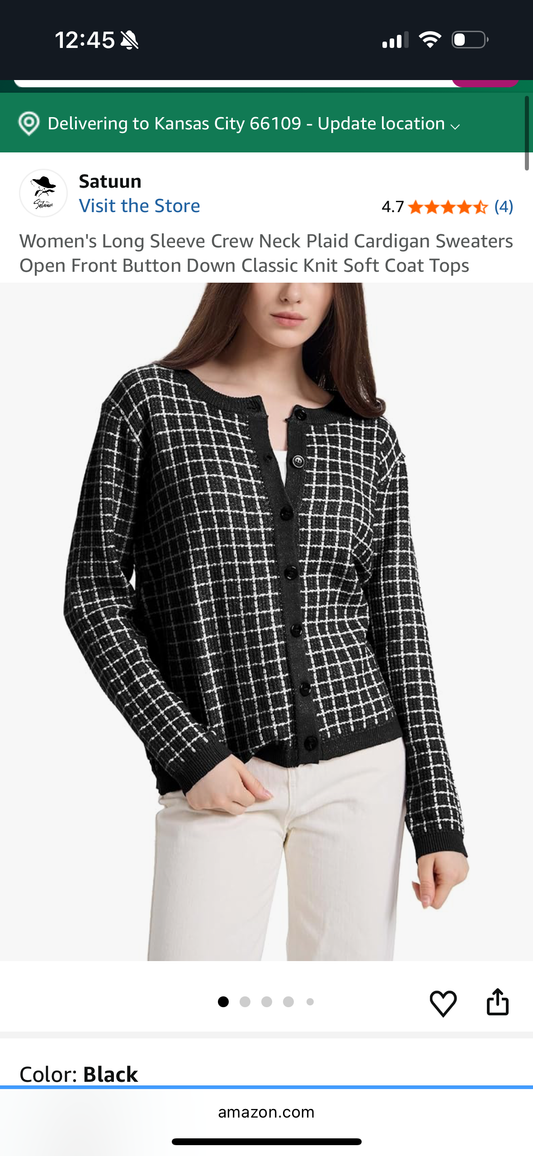 Long Sleeve Crew Neck Plaid Cardigan Sweaters Knit, Black and White (Size Medium)