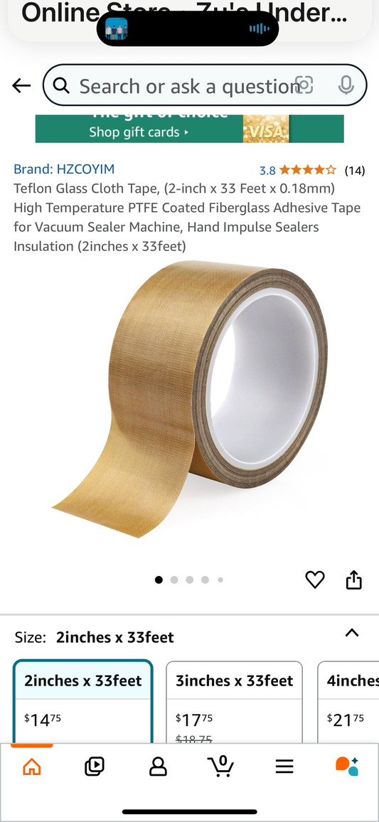 Teflon Glass Cloth Tape, (2-inch x 33 Feet x 0.18mm) High Temperature PTFE Coated Fiberglass Adhesive Tape for Vacuum Sealer Machine, Hand Impulse Sealers Insulation (2inches x 33feet)