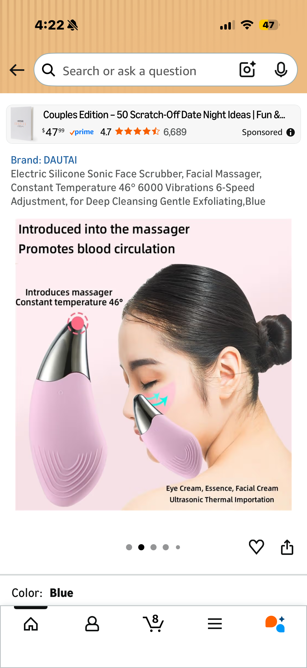 Electric Silicone Sonic Face Scrubber, Facial Massager, Constant Temperature 46° 6000 Vibrations 6-Speed Adjustment, for Deep Cleansing Gentle Exfoliating,Blue