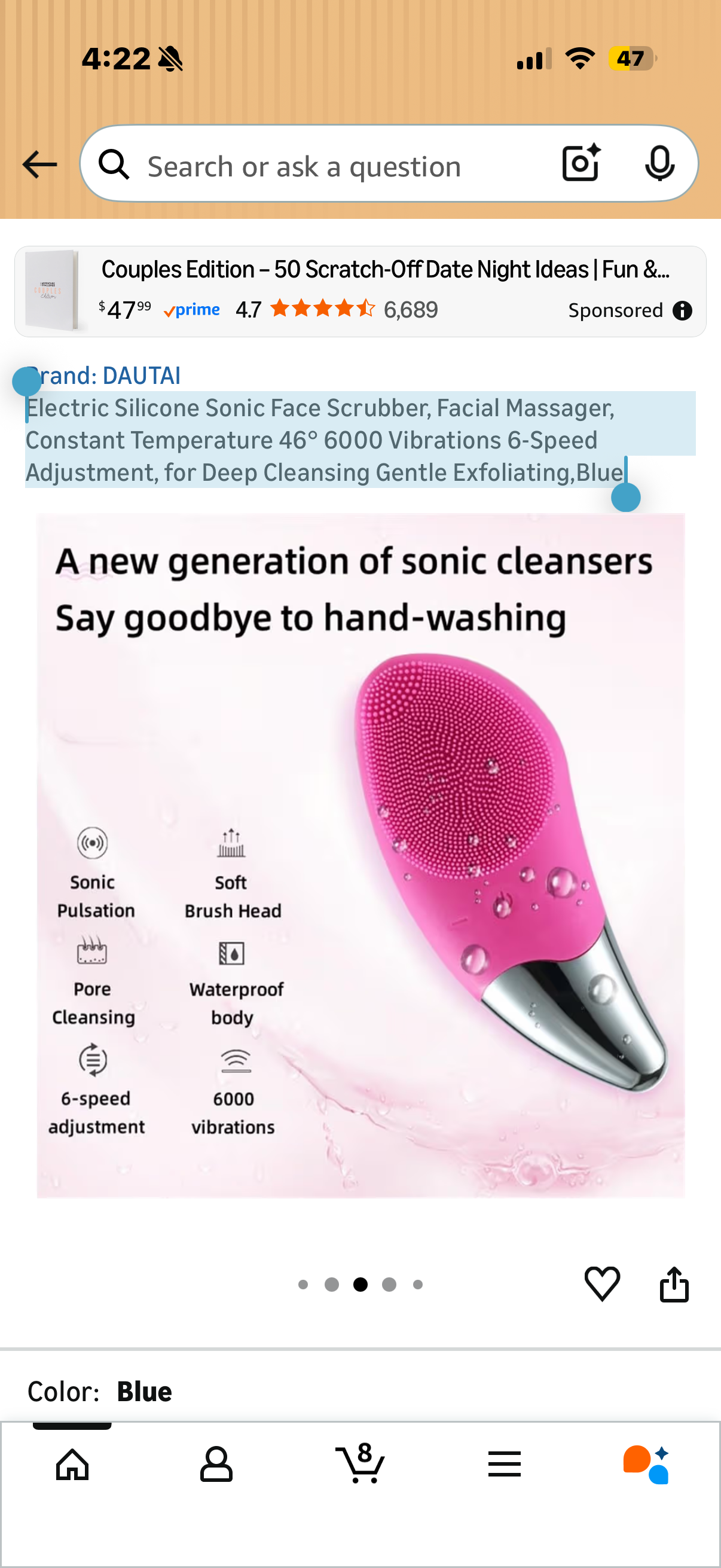 Electric Silicone Sonic Face Scrubber, Facial Massager, Constant Temperature 46° 6000 Vibrations 6-Speed Adjustment, for Deep Cleansing Gentle Exfoliating,Blue
