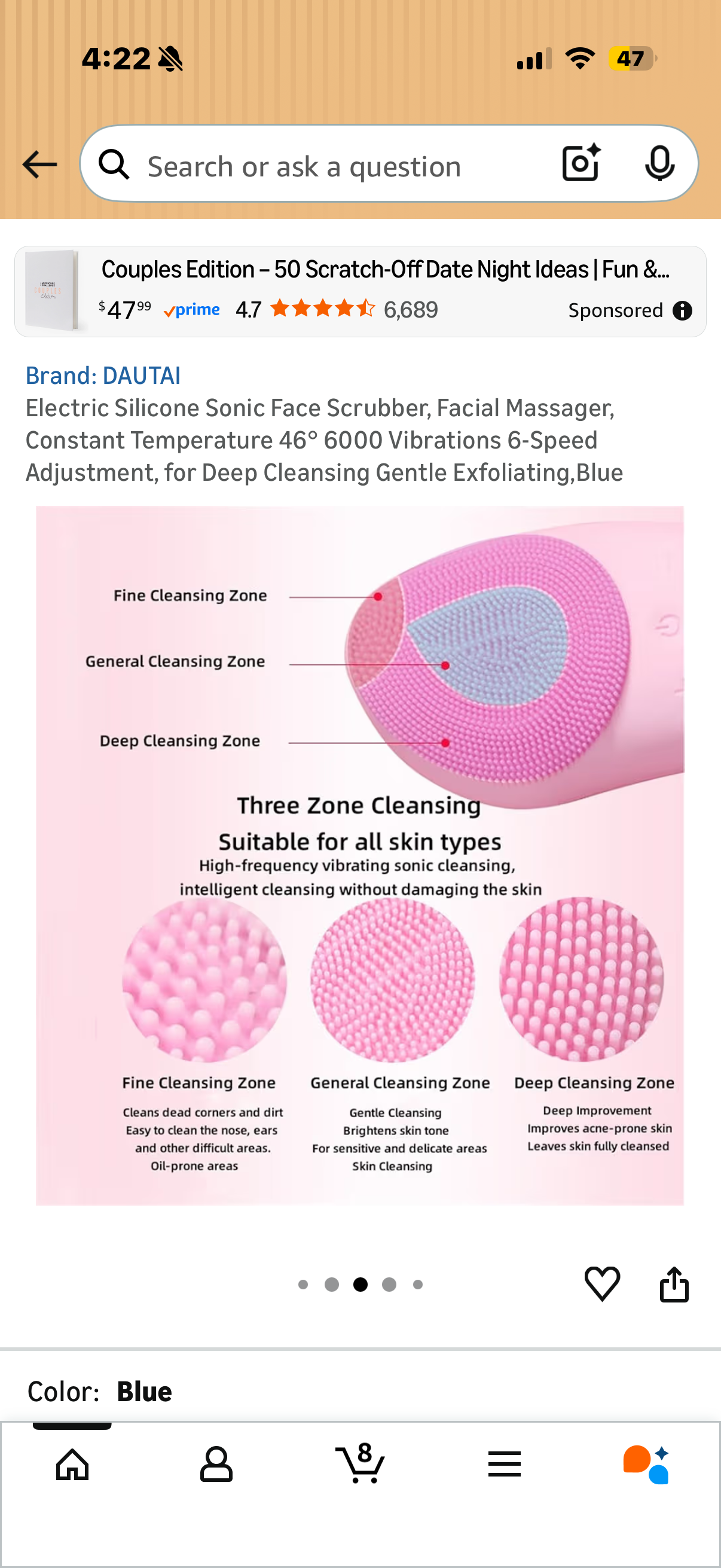 Electric Silicone Sonic Face Scrubber, Facial Massager, Constant Temperature 46° 6000 Vibrations 6-Speed Adjustment, for Deep Cleansing Gentle Exfoliating,Blue