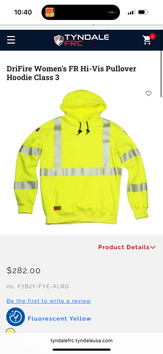DriFire Women's Fire Resistant Hi-Vis Work Pullover Hoodie Class 3 (Size X-Large)