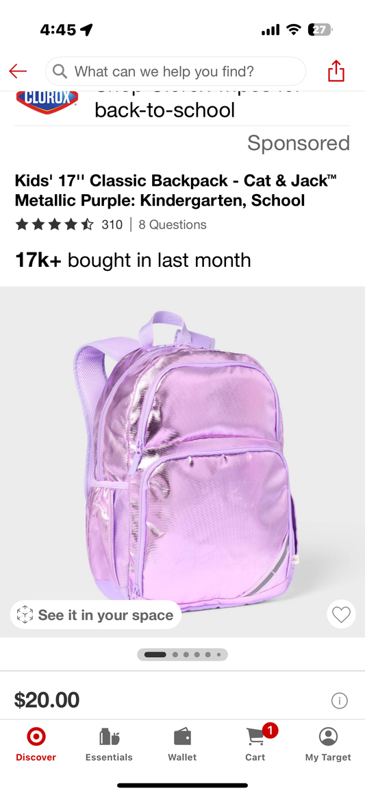 Kids' 17" Classic Backpack - Cat & Jack™ Metallic Purple: Kindergarten, School