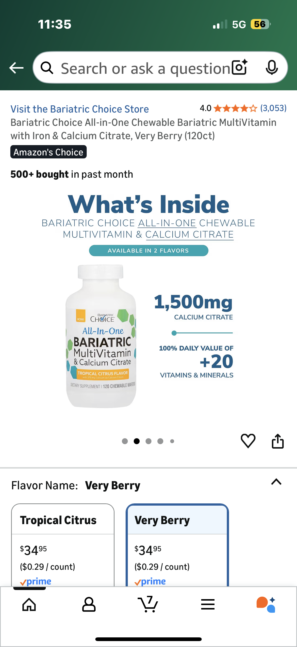 Bariatric Choice All-in-One Chewable Bariatric MultiVitamin with Iron & Calcium Citrate, Very Berry (120ct