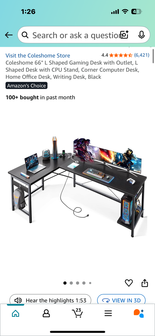 Coleshome 66" L Shaped Gaming Desk with Outlet, L Shaped Desk with CPU Stand, Corner Computer Desk, Home Office Desk, Writing Desk, Black (O432)