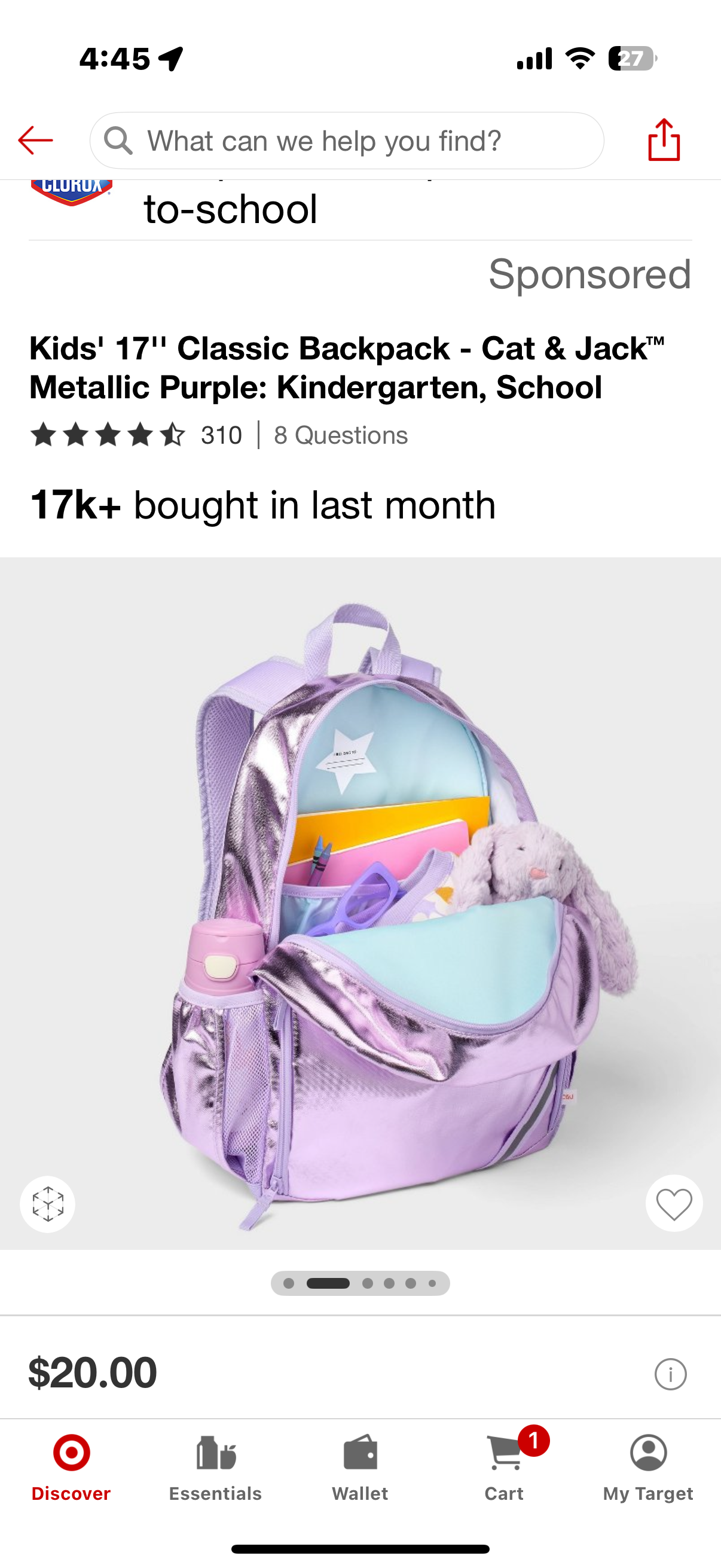 Kids' 17" Classic Backpack - Cat & Jack™ Metallic Purple: Kindergarten, School