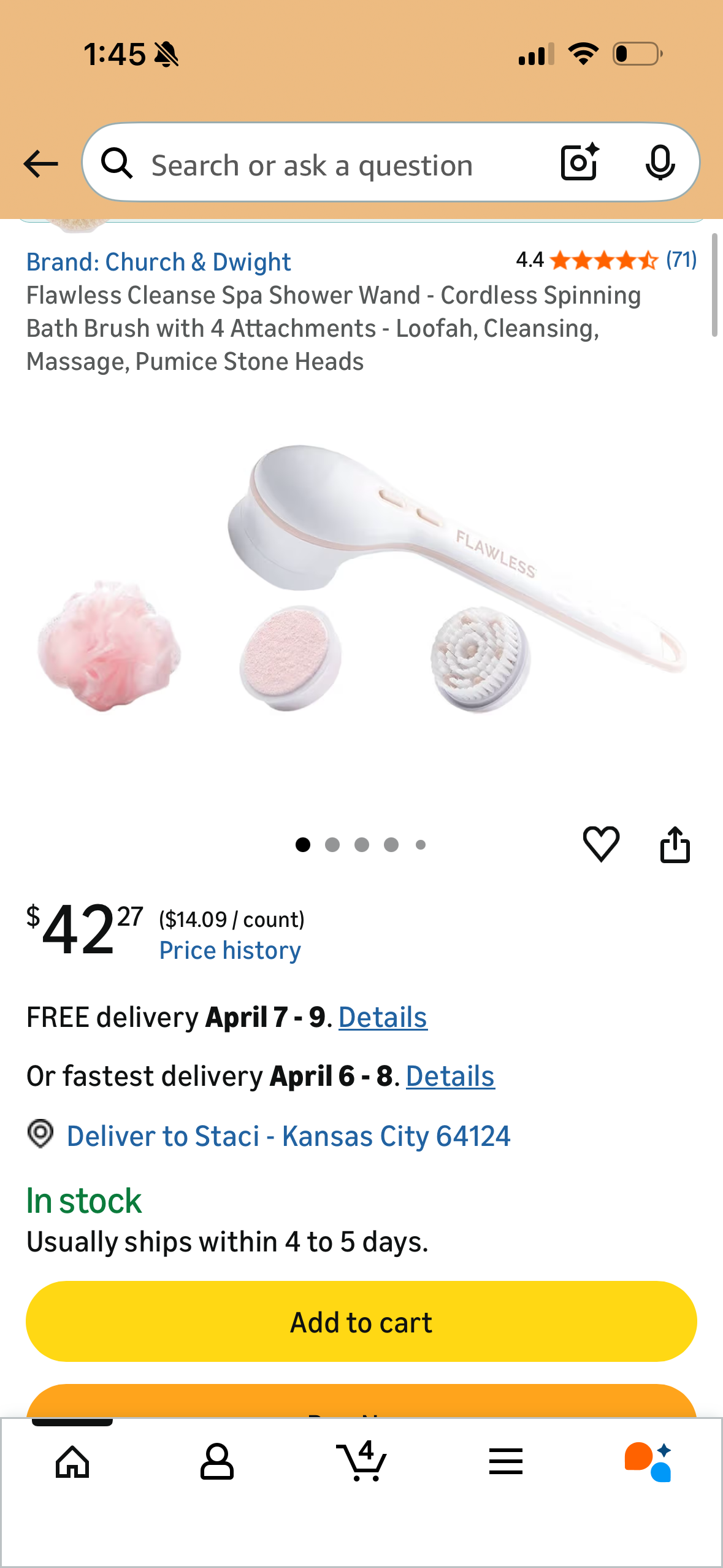 Flawless Cleanse Spa Shower Wand - Cordless Spinning Bath Brush with 4 Attachments - Loofah, Cleansing, Massage, Pumice Stone Heads