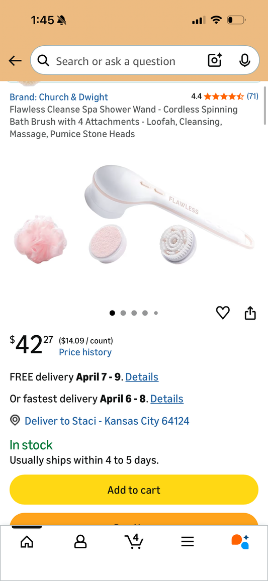 Flawless Cleanse Spa Shower Wand - Cordless Spinning Bath Brush with 4 Attachments - Loofah, Cleansing, Massage, Pumice Stone Heads