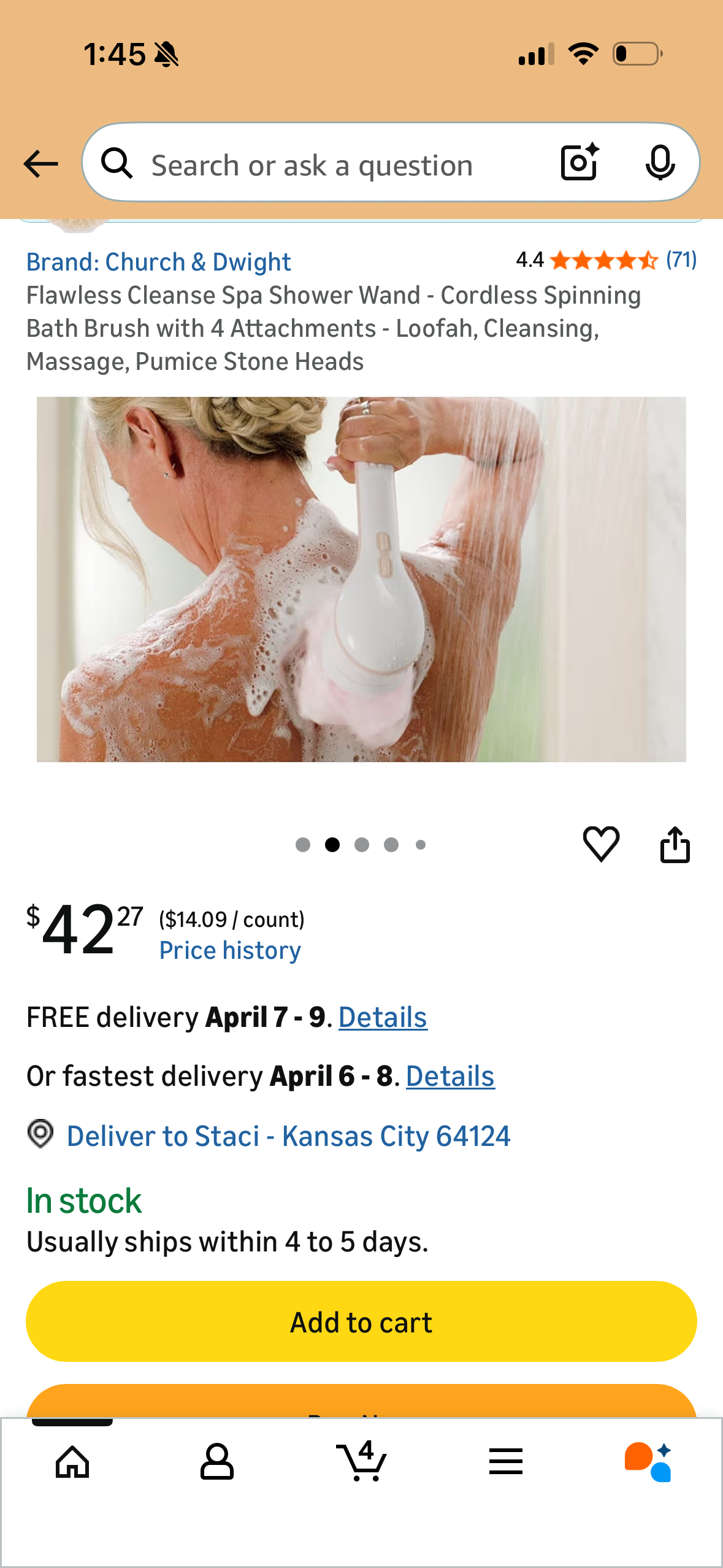 Flawless Cleanse Spa Shower Wand - Cordless Spinning Bath Brush with 4 Attachments - Loofah, Cleansing, Massage, Pumice Stone Heads
