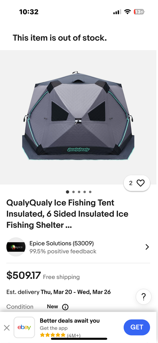 New - Large Ice Fishing Tent Insulated Pop Up Shelter (W329)
