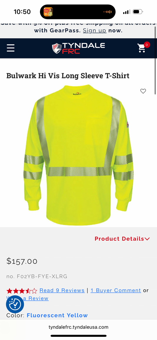 Bulwark Hi Vis Long Sleeve T-Shirt (Size XL)