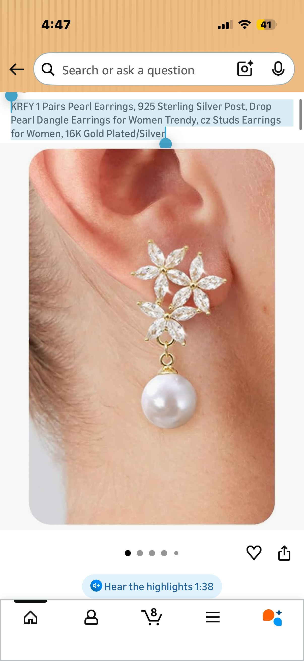 Pearl Earrings, 925 Sterling Silver Post, Drop Pearl Dangle Earrings for Women Trendy, cz Studs Earrings for Women, 16K Gold Plated/Silver
