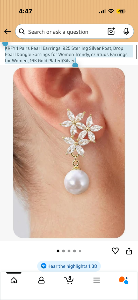 Pearl Earrings, 925 Sterling Silver Post, Drop Pearl Dangle Earrings for Women Trendy, cz Studs Earrings for Women, 16K Gold Plated/Silver