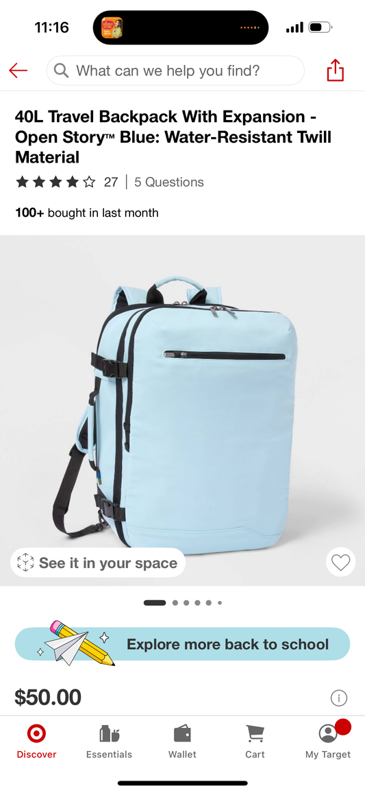 40L Travel Backpack With Expansion - Open Story™ Blue: Water-Resistant Twill Material