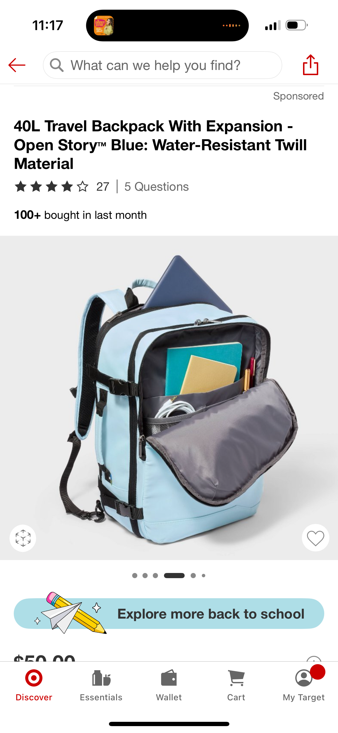 40L Travel Backpack With Expansion - Open Story™ Blue: Water-Resistant Twill Material