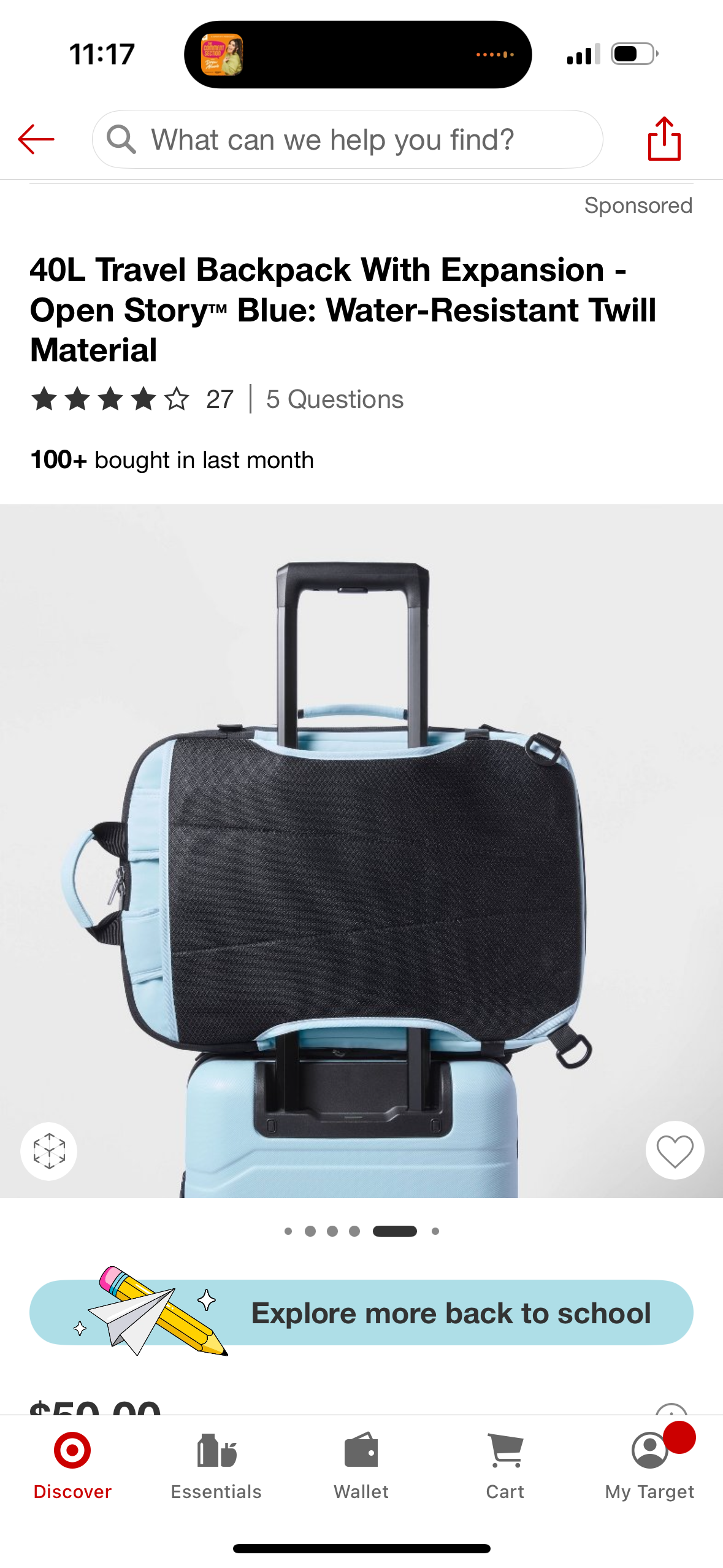 40L Travel Backpack With Expansion - Open Story™ Blue: Water-Resistant Twill Material