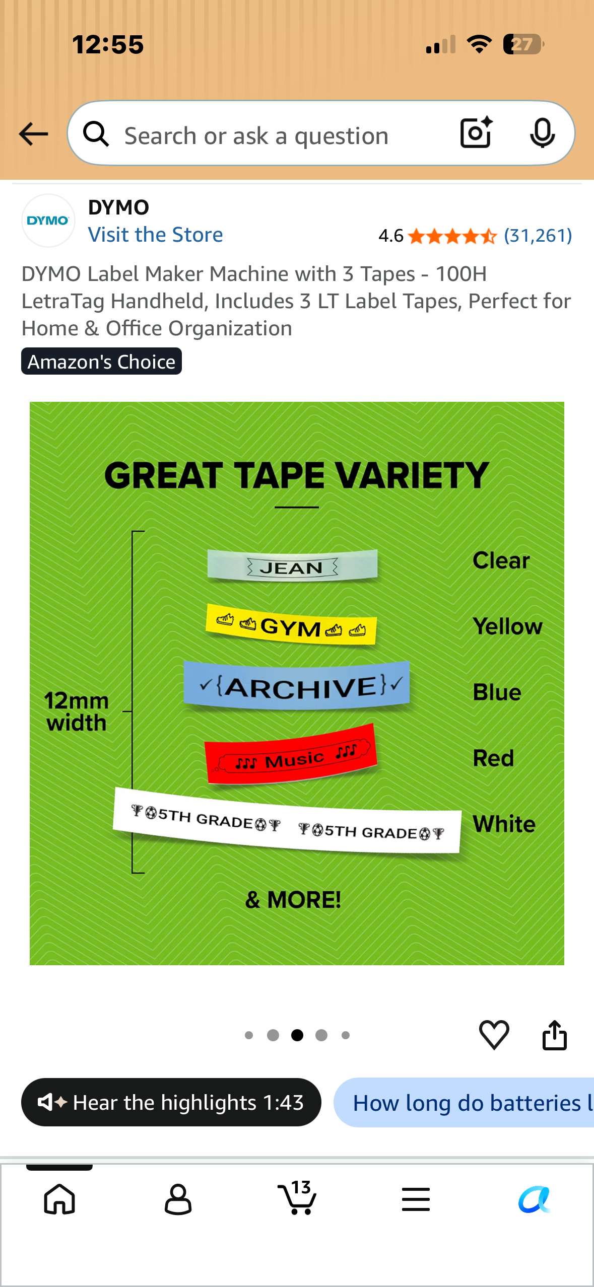 DYMO Label Maker Machine with 3 Tapes - 100H LetraTag Handheld, Includes 3 LT Label Tapes, Perfect for Home & Office Organization