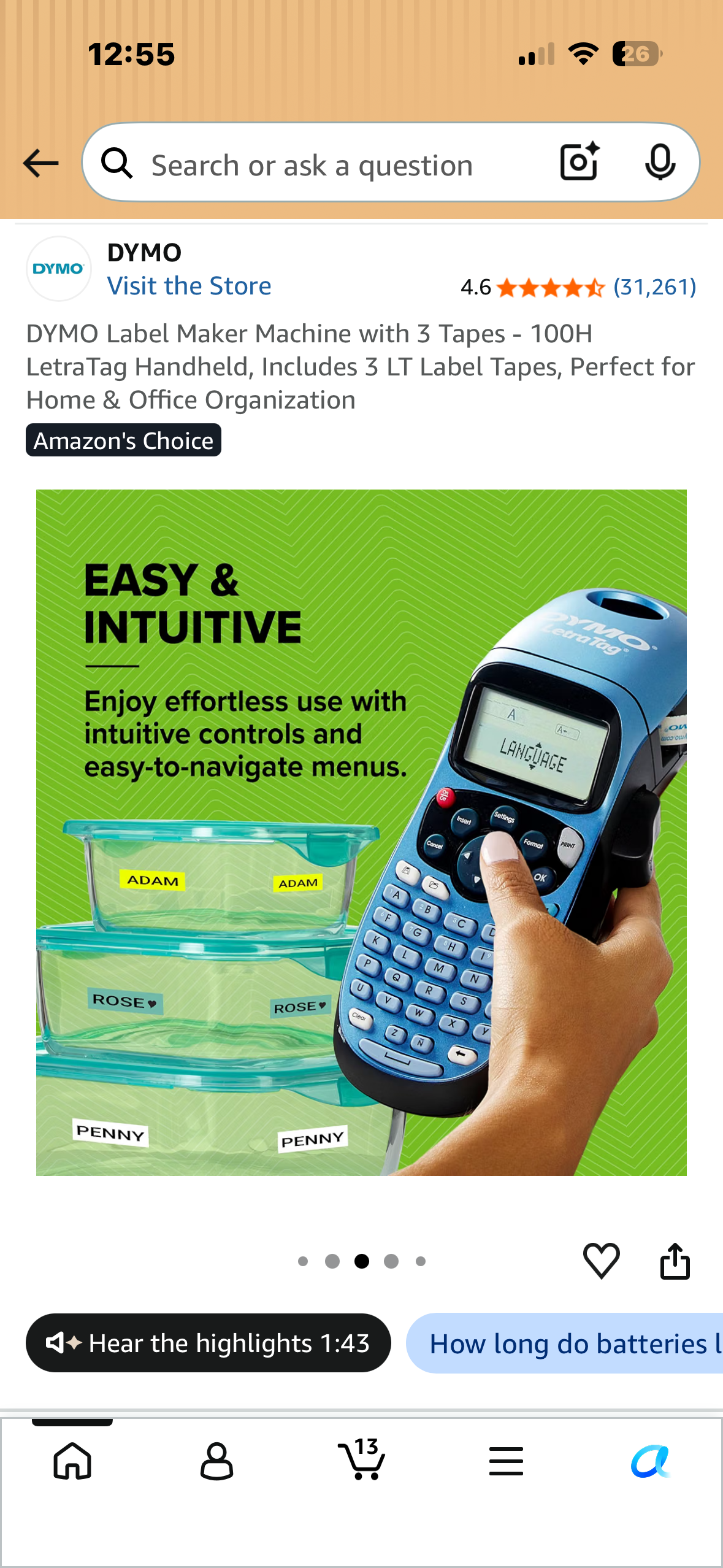 DYMO Label Maker Machine with 3 Tapes - 100H LetraTag Handheld, Includes 3 LT Label Tapes, Perfect for Home & Office Organization